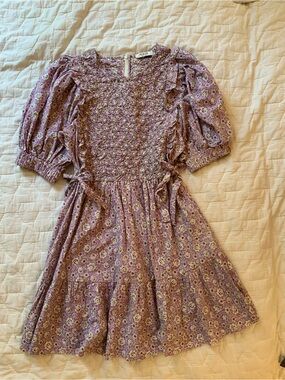 Sea New York Ida Puff Sleeve Dress Lilac Purple Floral Pockets Cotton Smocked